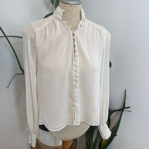 Anthropologie Womens‎ Sheer Button Up Mock Neck Blouse Cream Smocked Cuffs